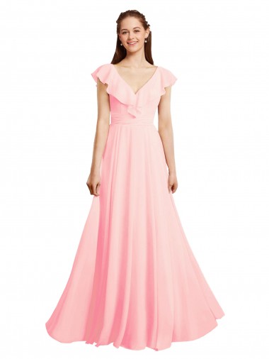V-Neck Long Chiffon Pink Cap Sleeves Bridesmaid Dress / Evening Gowns Victoria