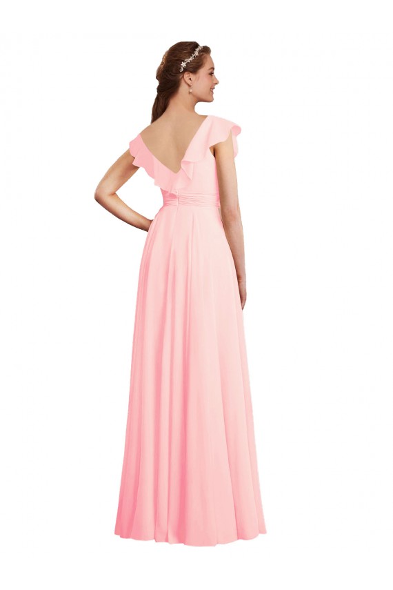 V-Neck Long Chiffon Pink Cap Sleeves Bridesmaid Dress / Evening Gowns Victoria