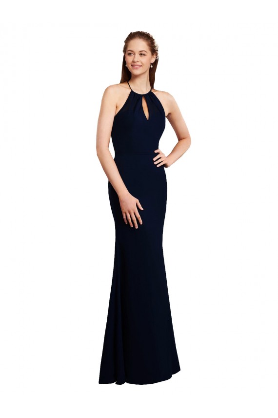Halter Neck Long Soft Chiffon Dark Navy Sleeveless Bridesmaid Dress Victoria