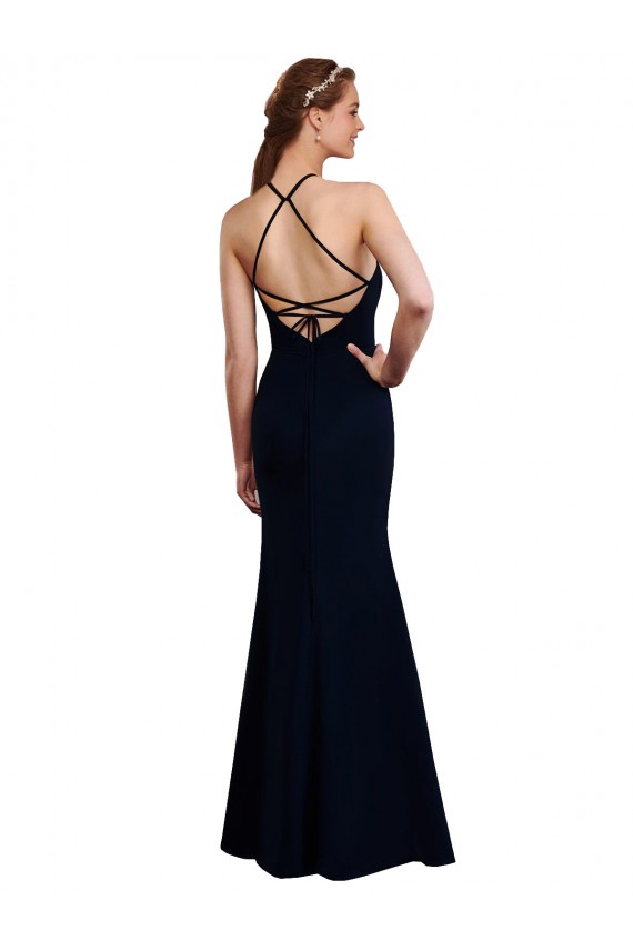Halter Neck Long Soft Chiffon Dark Navy Sleeveless Bridesmaid Dress Victoria