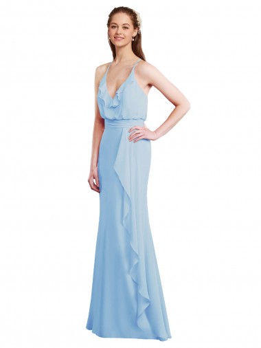 V-Neck Long Soft Chiffon Light Sky Blue Sleeveless Bridesmaid Dress Victoria