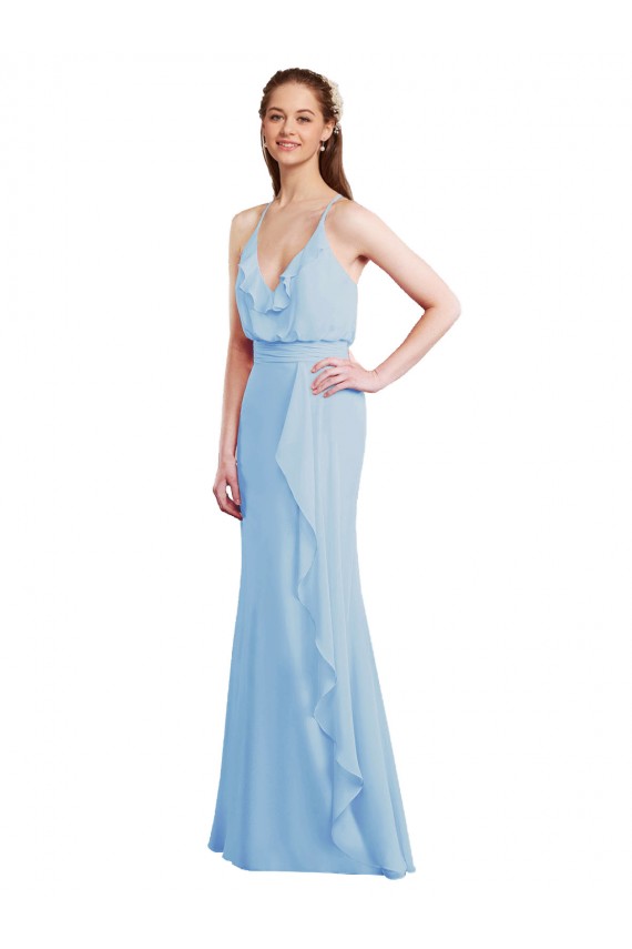 V-Neck Long Soft Chiffon Light Sky Blue Sleeveless Bridesmaid Dress Victoria
