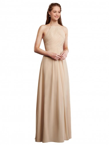 Halter Neck Long Soft Chiffon Champagne Sleeveless Bridesmaid Dress Victoria
