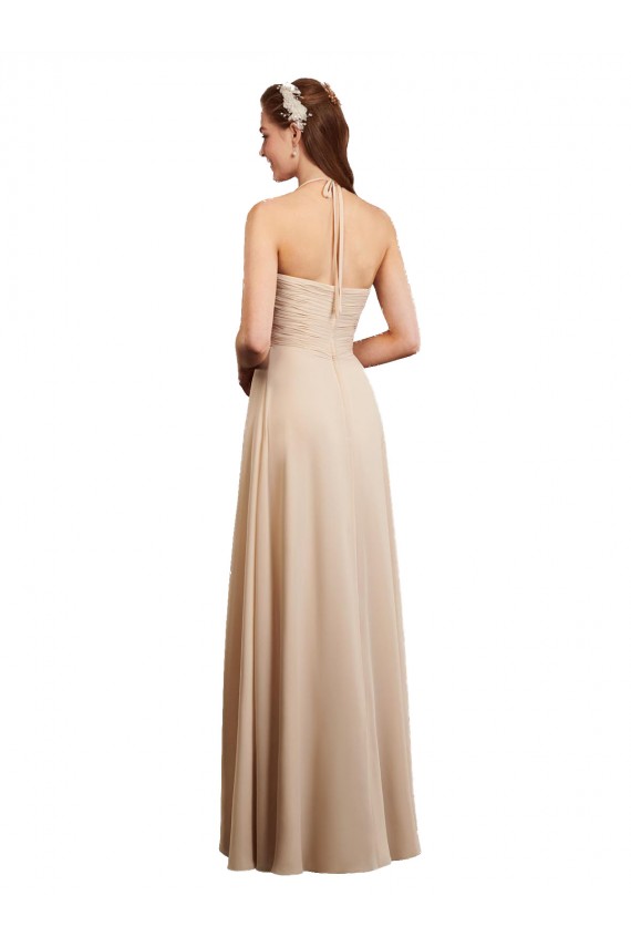 Halter Neck Long Soft Chiffon Champagne Sleeveless Bridesmaid Dress Victoria