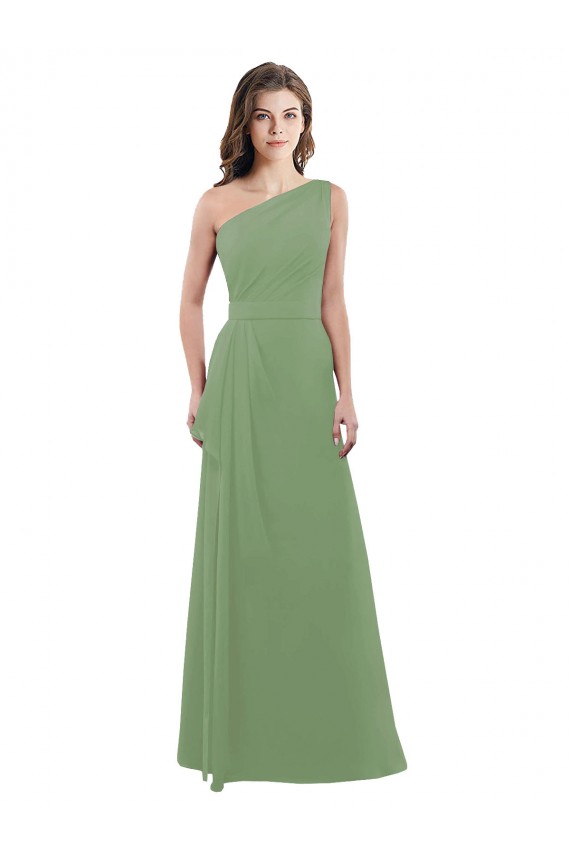One Shoulder Long Soft Chiffon Seagrass Sleeveless Bridesmaid Dress Victoria