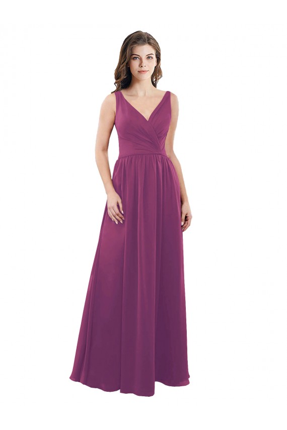 V-Neck Long Soft Chiffon Wild Berry A-Line Sleeveless Bridesmaid Dress Victoria