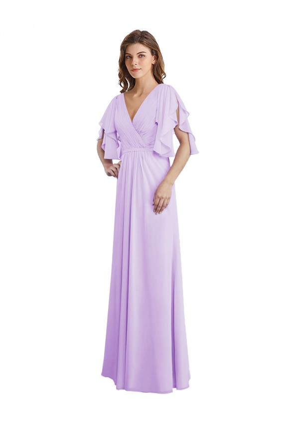 V-Neck Long Soft Chiffon Lilac Split Sleeves Bridesmaid Dress Victoria
