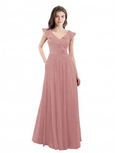 V-Neck Long Soft Chiffon Dusty Pink Cap Sleeves Bridesmaid Dress Victoria