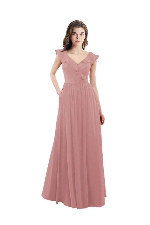 V-Neck Long Soft Chiffon Dusty Pink Cap Sleeves Bridesmaid Dress Victoria