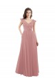 V-Neck Long Soft Chiffon Dusty Pink Cap Sleeves Bridesmaid Dress Victoria