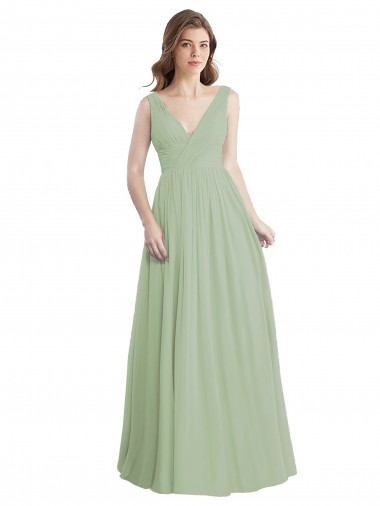 V-Neck Long Soft Chiffon Smoke Green Sleeveless Formal Dress / Bridesmaid Dress Victoria