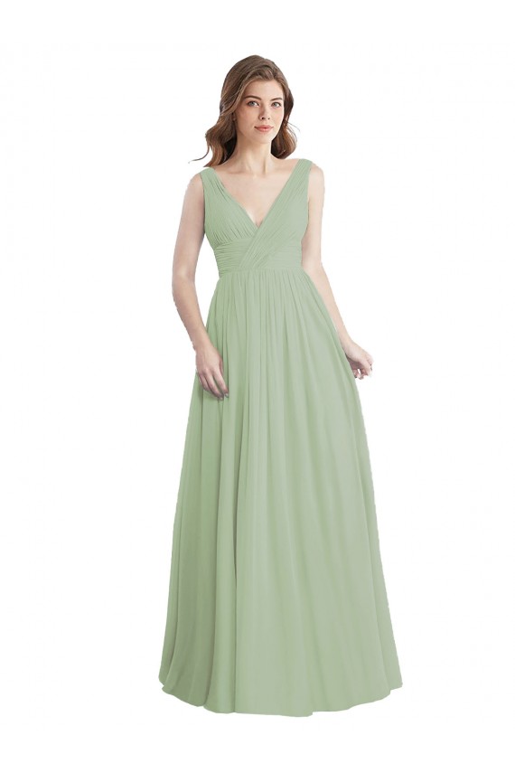 V-Neck Long Soft Chiffon Smoke Green Sleeveless Formal Dress / Bridesmaid Dress Victoria