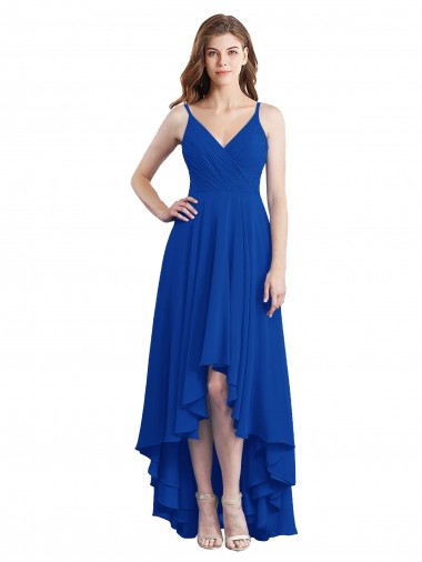 Spaghetti Straps Long Soft Chiffon Royal Blue Sleeveless High Low Bridesmaid Dress Victoria