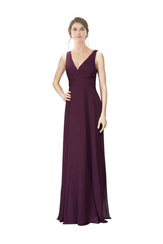 V-Neck Long Soft Chiffon & Lace Grape Sleeveless Bridesmaid Gown Victoria
