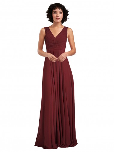 V-Neck Long Soft Chiffon Burgundy Sleeveless Bridesmaid Dress Victoria