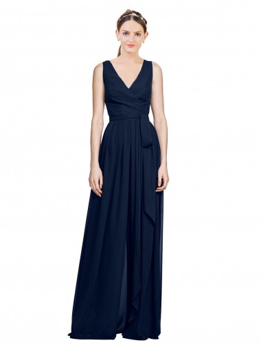 V-Neck Long Chiffon Dark Navy Sleeveless Wedding Party Dress Victoria