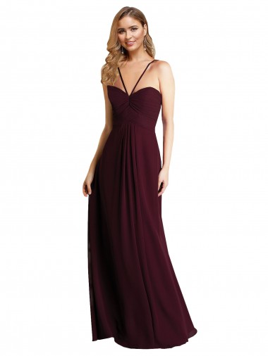 Spaghetti Straps Long Chiffon Burgundy Gold Sleeveless Wedding Party Dress Victoria