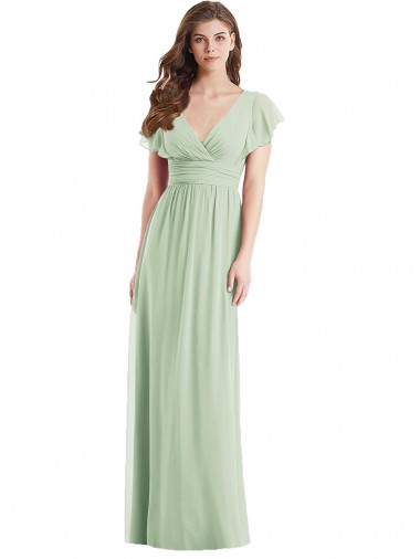 V-Neck Long Soft Chiffon Sage Flutter Sleeves Bridesmaid Dress Victoria