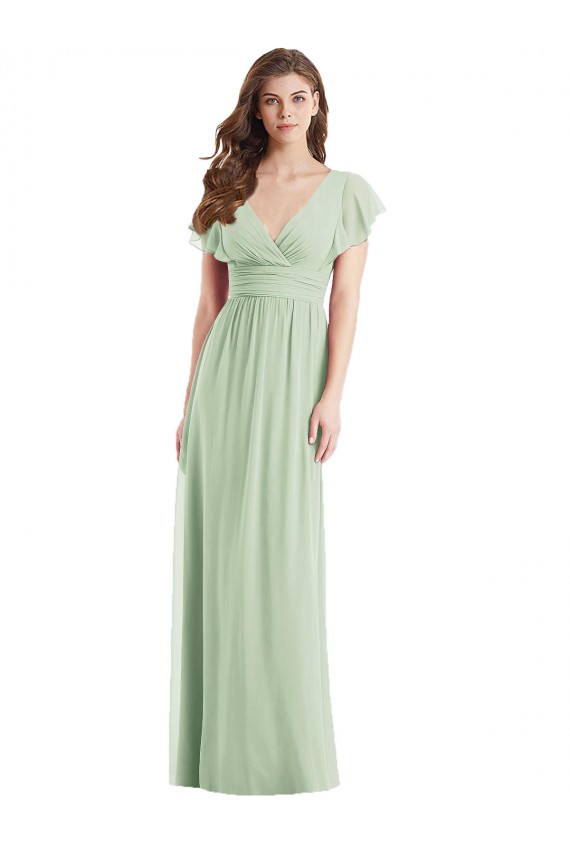 V-Neck Long Soft Chiffon Sage Flutter Sleeves Bridesmaid Dress Victoria