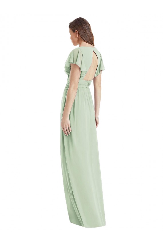 V-Neck Long Soft Chiffon Sage Flutter Sleeves Bridesmaid Dress Victoria