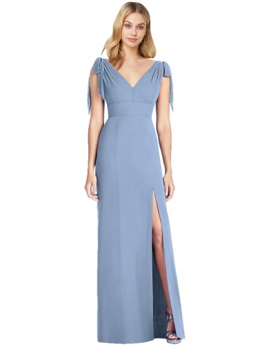 V-Neck Long Soft Chiffon Dusty Blue Sleeveless Bridesmaid Dress Victoria