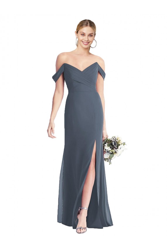 Off the Shoulder Long Soft Chiffon Silver Stone Sleeveless Bridesmaid Dress Victoria