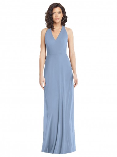 V-Neck Long Soft Chiffon Dusty Blue Sleeveless Formal Evening Gown / Bridesmaid Dress Victoria