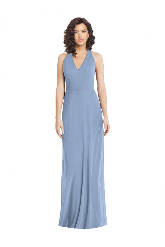 V-Neck Long Soft Chiffon Dusty Blue Sleeveless Formal Evening Gown / Bridesmaid Dress Victoria
