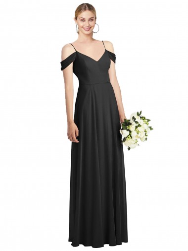 Spaghetti Straps Long Soft Chiffon Black Cold Shoulder Semi Formal Evening Dress / Bridesmaid Dress Victoria