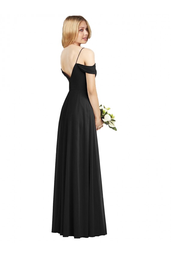 Spaghetti Straps Long Soft Chiffon Black Cold Shoulder Semi Formal Evening Dress / Bridesmaid Dress Victoria