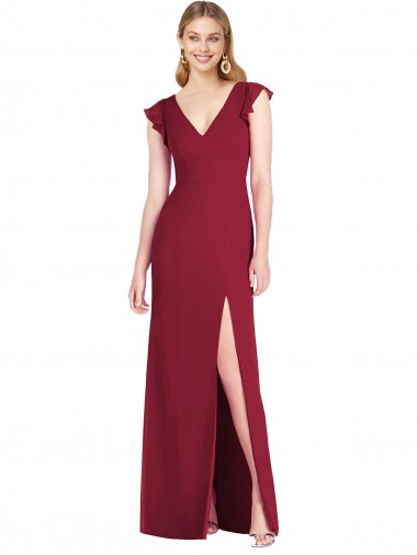 V-Neck Long Soft Chiffon Burgundy Ruffle Sleeves Bridesmaid Dress Victoria