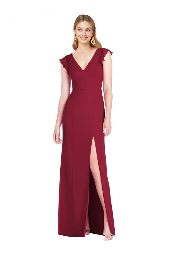 V-Neck Long Soft Chiffon Burgundy Ruffle Sleeves Bridesmaid Dress Victoria