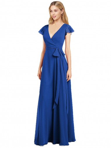 V-Neck Long Lxue Chiffon Royal Blue Flutter Sleeves Bridesmaid Dress Victoria