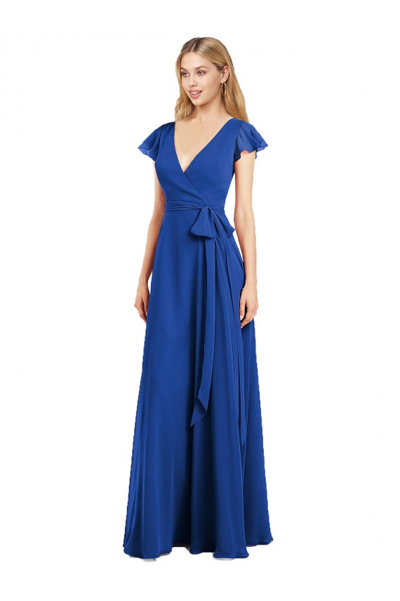 V-Neck Long Lxue Chiffon Royal Blue Flutter Sleeves Bridesmaid Dress Victoria