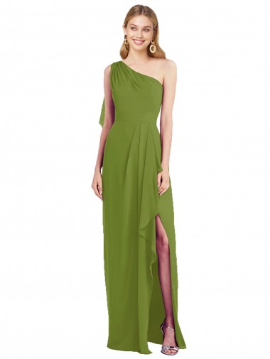 One Shoulder Long Soft Chiffon Olive Green Sleeveless Bridesmaid Dress Victoria