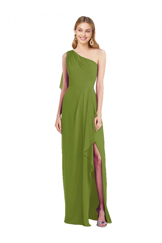 One Shoulder Long Soft Chiffon Olive Green Sleeveless Bridesmaid Dress Victoria