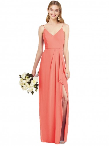 V-Neck Long Soft Chiffon Coral Sleeveless Formal Dress / Bridesmaid Dress Victoria