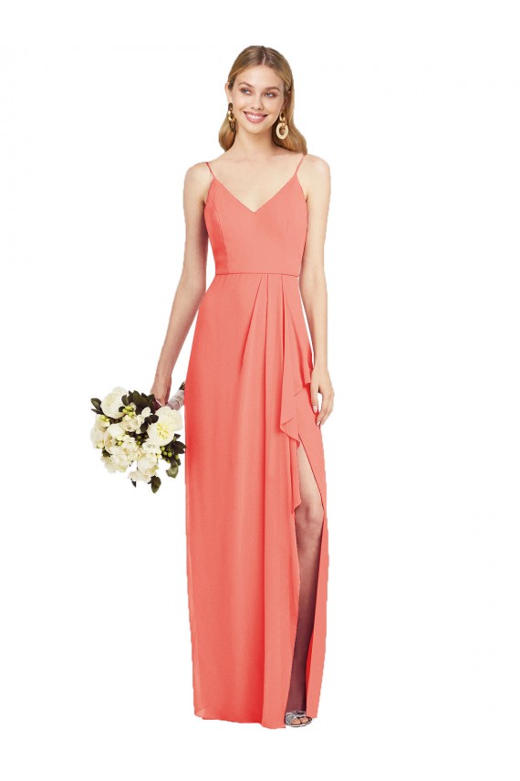 V-Neck Long Soft Chiffon Coral Sleeveless Formal Dress / Bridesmaid Dress Victoria