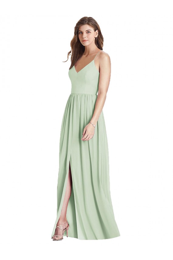 V-Neck Long Soft Chiffon Sage Sleeveless Semi Formal Evening Dress / Bridesmaid Dress Victoria