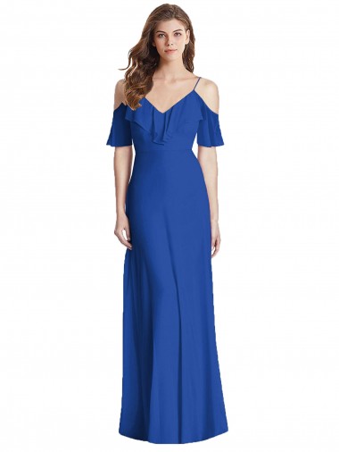 V-Neck Long Soft Chiffon Royal Blue Cold Shoulder Semi Formal Evening Dress / Bridesmaid Dress Victoria