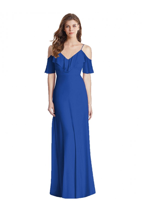 V-Neck Long Soft Chiffon Royal Blue Cold Shoulder Semi Formal Evening Dress / Bridesmaid Dress Victoria