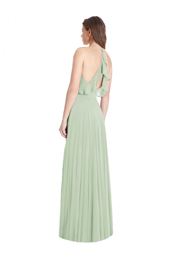 V-Neck Long Soft Chiffon Sage Cold Shoulder Semi Formal Evening Dress / Bridesmaid Dress Victoria