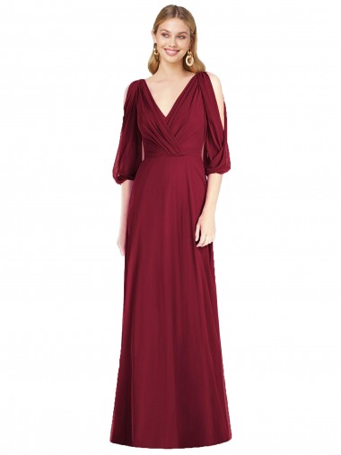 V-Neck Long Soft Chiffon Burgundy Bell Sleeves Formal Dress / Bridesmaid Dress Victoria