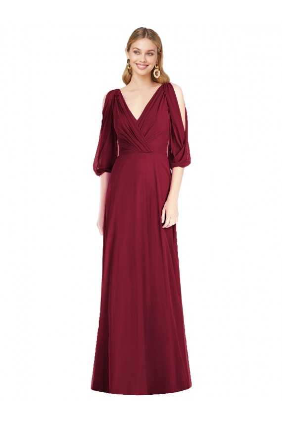 V-Neck Long Soft Chiffon Burgundy Bell Sleeves Formal Dress / Bridesmaid Dress Victoria