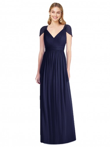 V-Neck Long Soft Chiffon Dark Navy Cap Sleeves Bridesmaid Dress Victoria