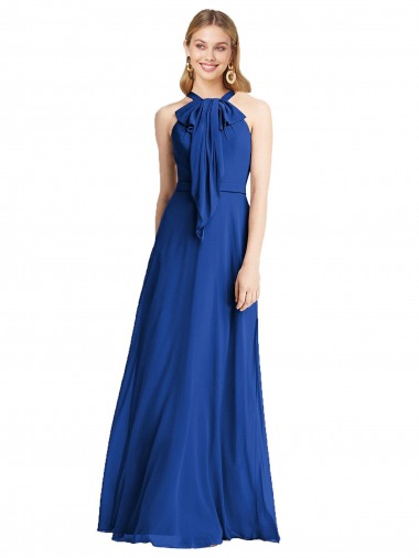 Halter Neck Long Soft Chiffon Royal Blue Sleeveless Bridesmaid Dress Victoria