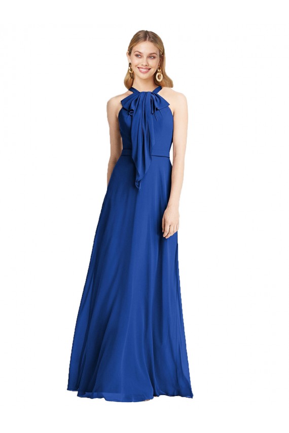 Halter Neck Long Soft Chiffon Royal Blue Sleeveless Bridesmaid Dress Victoria