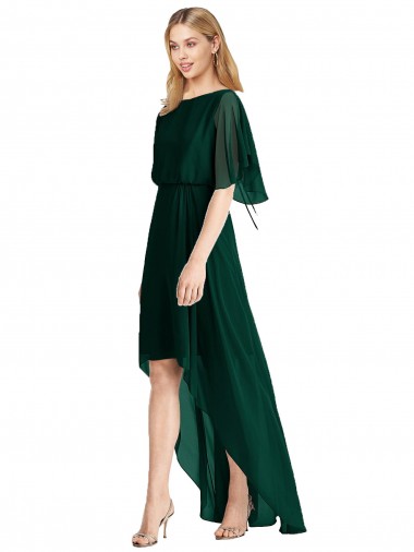 Round Neck Soft Chiffon Ever Green Flutter Sleeves High Low Bridesmaid Dress Victoria