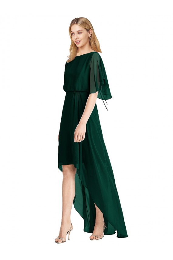 Round Neck Soft Chiffon Ever Green Flutter Sleeves High Low Bridesmaid Dress Victoria