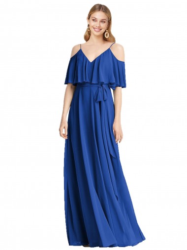 V-Neck Long Chiffon Royal Blue Cold Shoulder Bridesmaid Dress Victoria